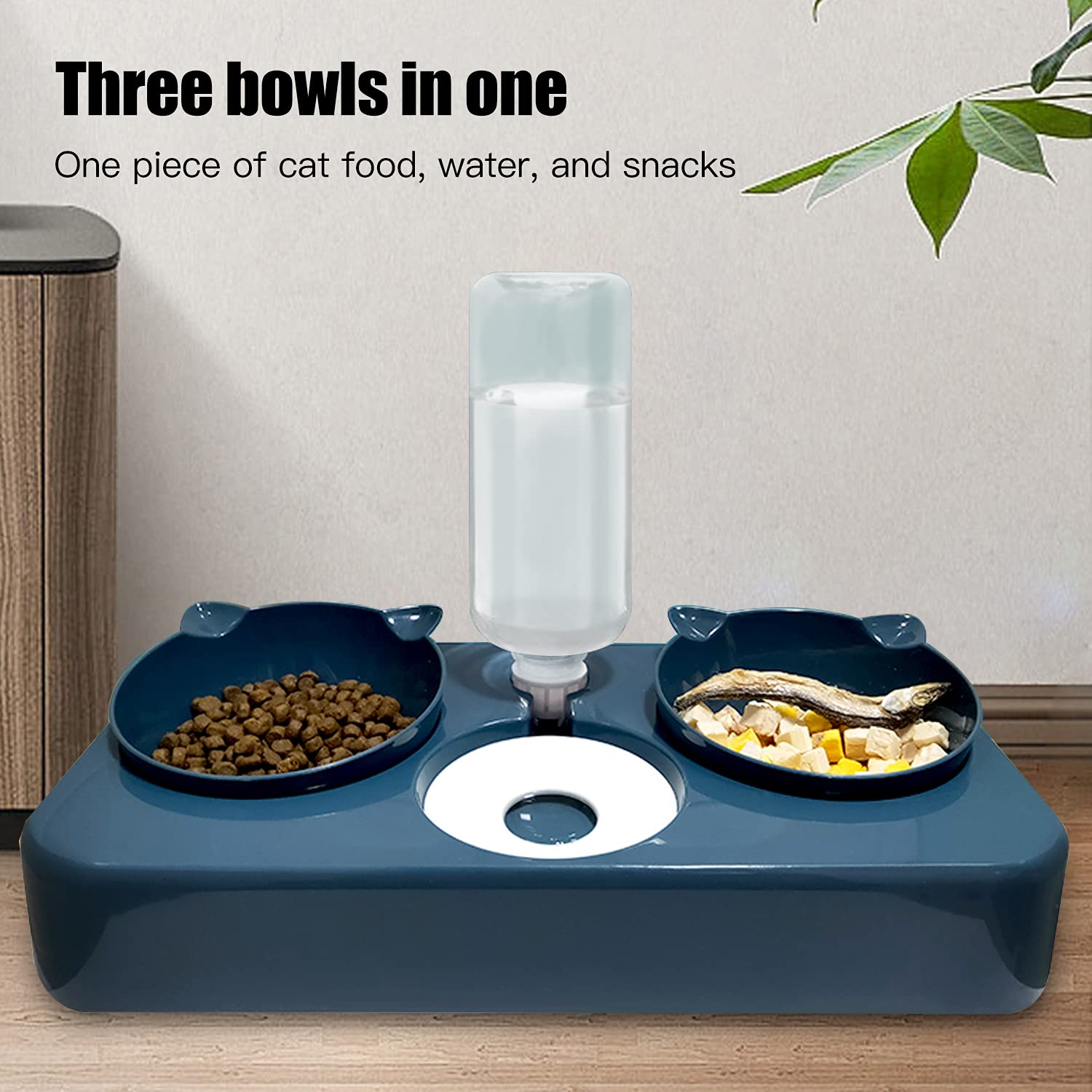 doepeBAE Ciotola per Gati, 3in1 Doppelnap Automatici Automatica per Gati Dispenser Cibo qua Inclinate Ciotole Set di CiotoleDopie Cani di Taglia Picola Media(Blu)