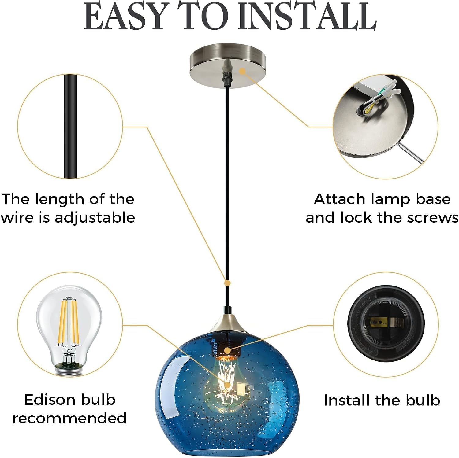 Blue Glass Pendant Light for Kitchen Island, Includes 2 Bulbs & 4.92FT Adjustable Cord, Modern Pendant Lighting Fixtures for Kitchen, Dining Room, Living Room (7.1in)