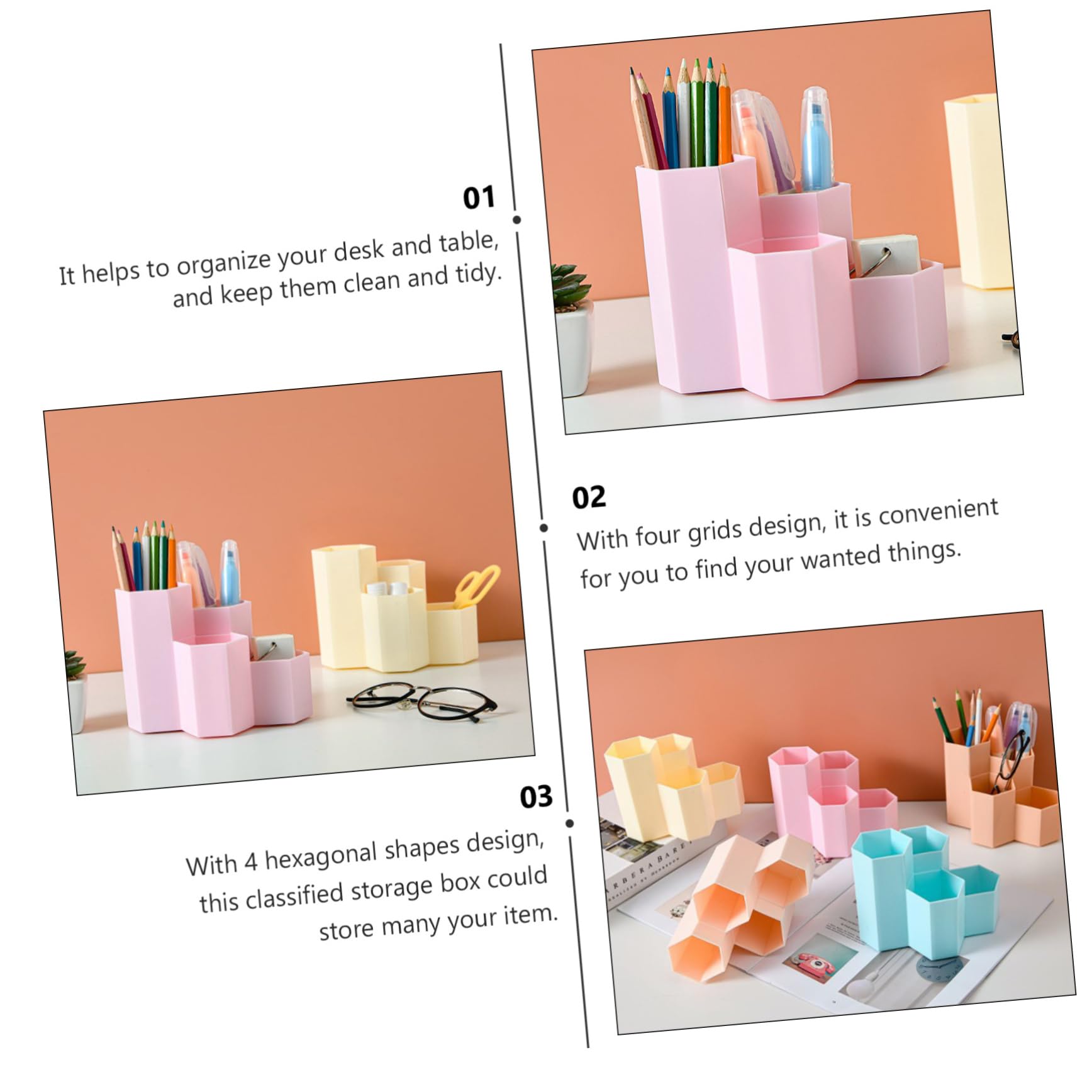 2 Pcs Hexagonal Pen Holder 4 Slot Pen Organizer Plastic Pencil Cup for Kids Cute Desk Accessories Desktop Storage Bucket Cosmetics Grid Pink Makeup Tools Plastic Pp Office - Image 2