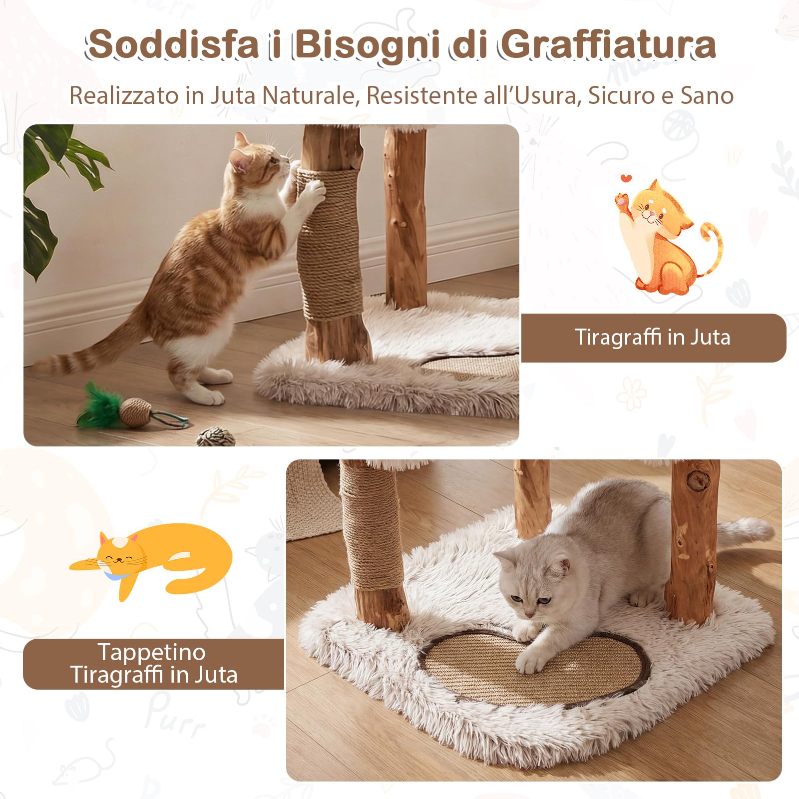 COSTWAY Albero per Gatti Alto 101 cm con Rami Naturali in Legno Massiccio | Tiragraffi per Gatti con 2 Punti d’Appoggio Imbottiti, Tappetino e Cuscini in Peluche Rimovibili