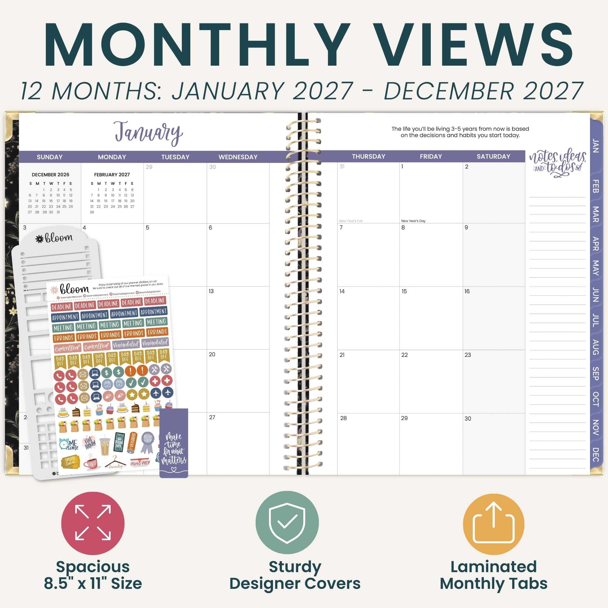 bloom daily planners Hardcover Planner 2027 (21,6 x 27,9 cm) da gennaio a dicembre 2027, agenda per obiettivi da donna, agenda mensile e settimanale ispiratrice - Moonlit Garden