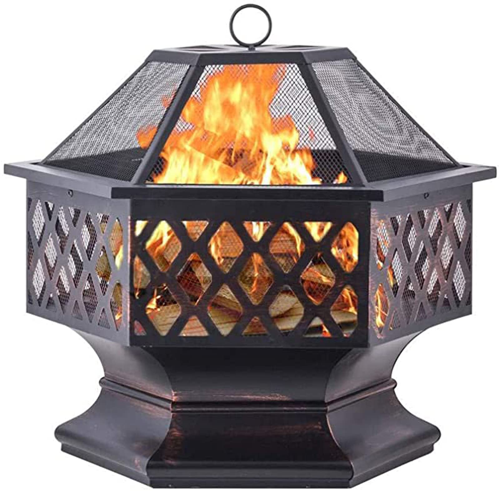 Braséro de jardin carré avec barbecue et couvercle en maille pour feu de bois extérieur 63x61cm