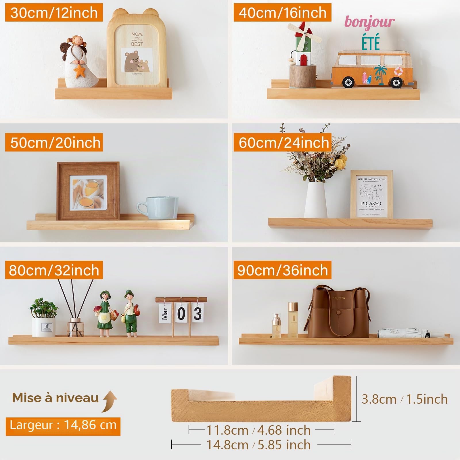 Lot de 2 Etagere Murale Pin Bois, 30cm Etagere Flottante en Pin pour Maison, Bureau, Chambre, Salon, Salle de Bain, Cuisine (40 x 15 cm)