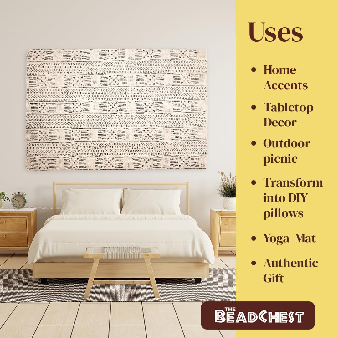 The Bead Chest White Bogolan Mali Mud Cloth - Handmade African Textile from West Africa - 40x64 Inches - Ideal for Home Decor, Boho Throw Blanket, Upholstery, or Crafts