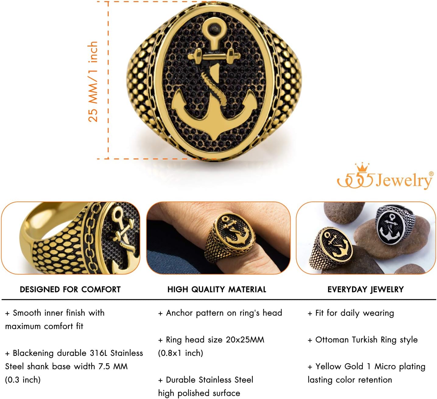 555Jewelry Stainless Steel Vintage Signet Nautical Pirate Sailor Anchor Ring for Men - Image 5