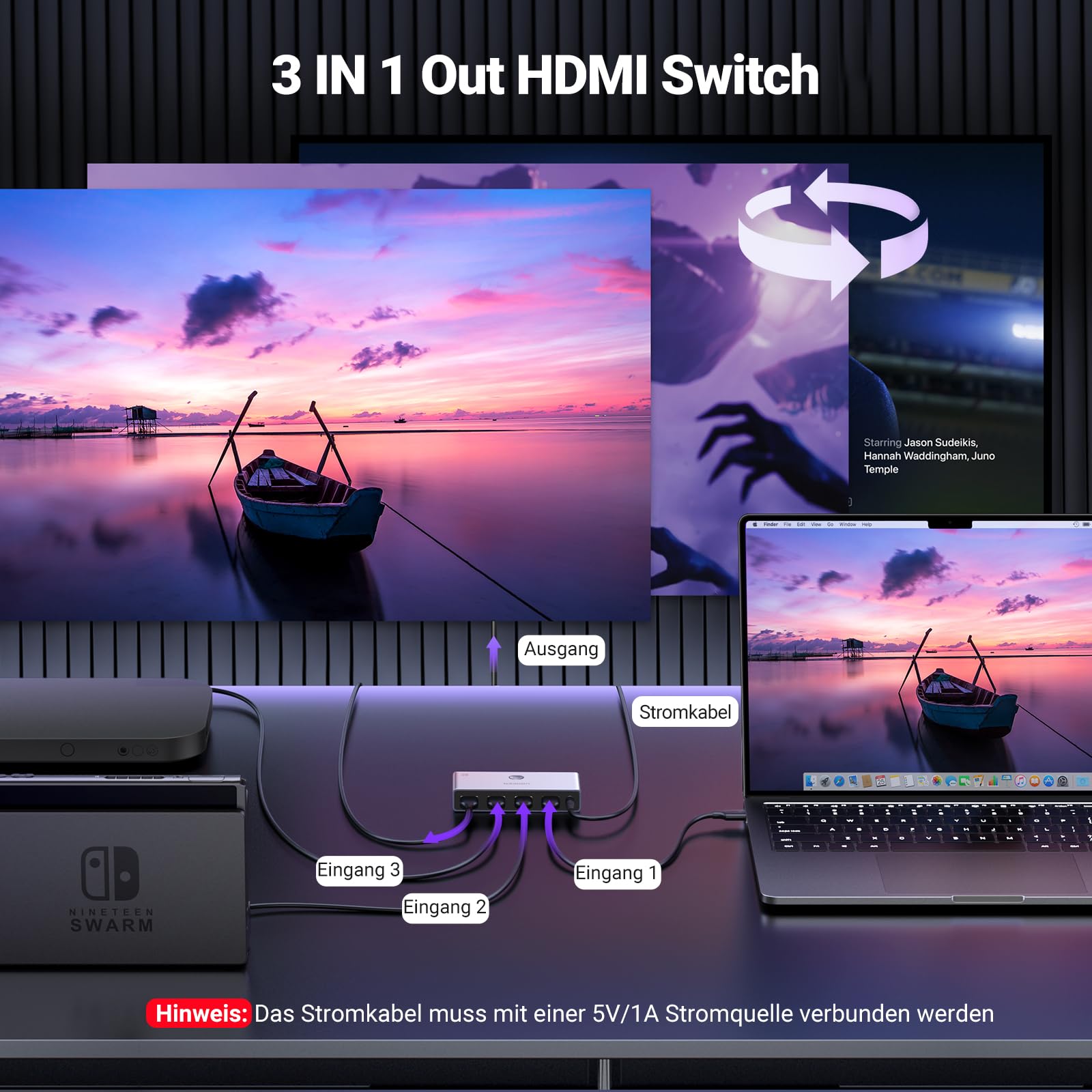 UGREEN HDMI 2.1 Switch 8K@60Hz HDMI Splitter 3 In 1 Out HDMI Umschaltpulte Unterstützt VRR & ALLM, Dolby Vision, Kompatibel mit PS5, Xbox, Apple TV, DVD Spieler