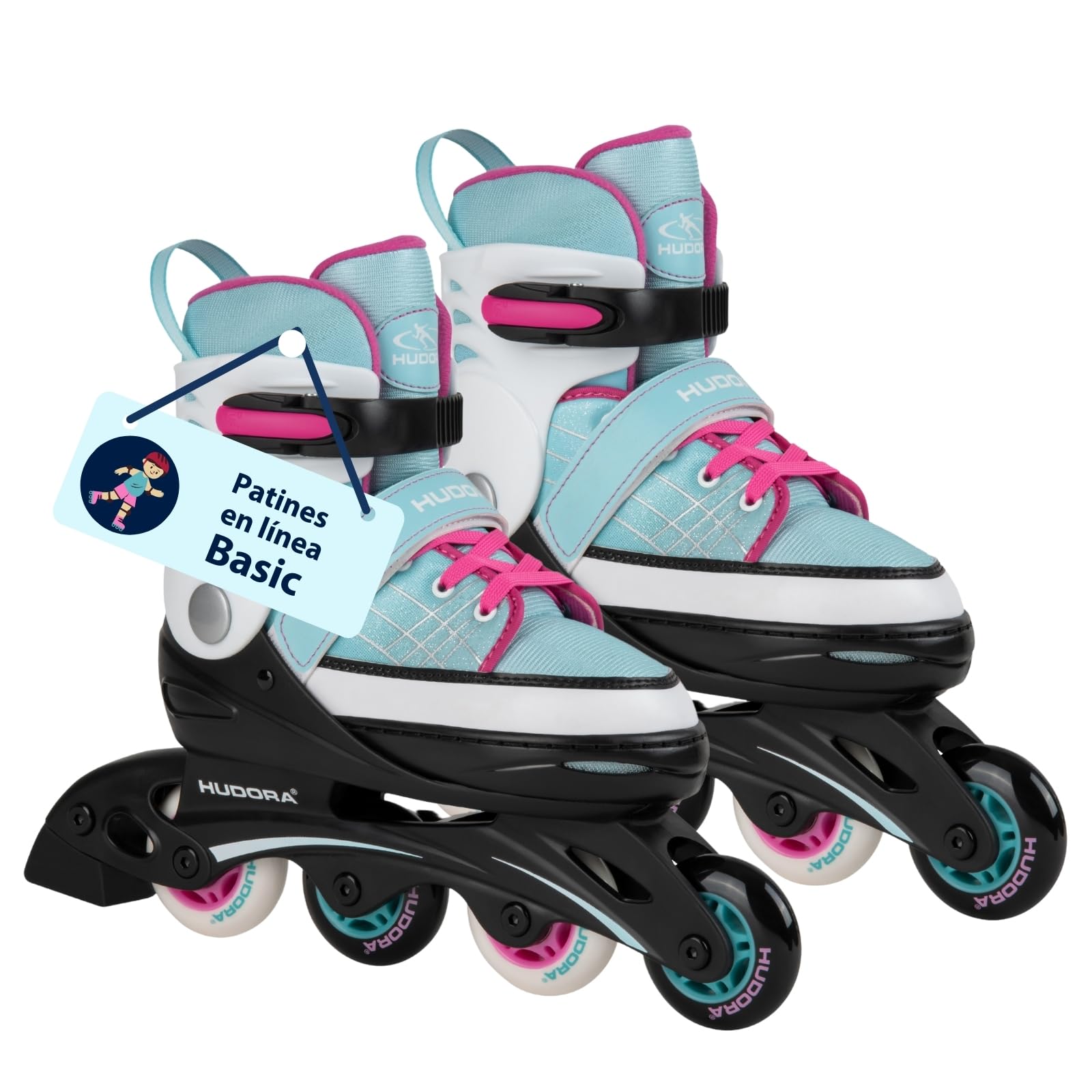 HUDORA Kids Inline Skates Basic | Patines en línea para niñas y niños, Ajustables en 4 Tallas | Fácil Entrada Gracias a la Correa de Potencia y la Hebilla de Cierre a presión