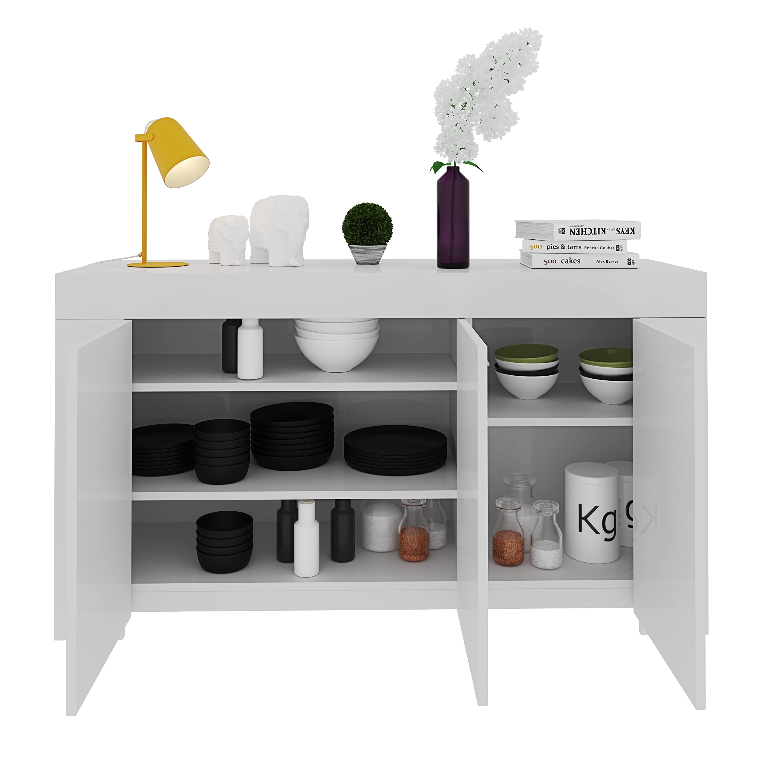 EGLEMTEK Nairobi Kredence 3 Drzwi, Kuchnia Salon Kuchnia, Wiara z Przedziałami Wielu Przestrzeń i 5 półek, Szafka Drewno, 144 x 80 x 42 cm, Kolor Biały