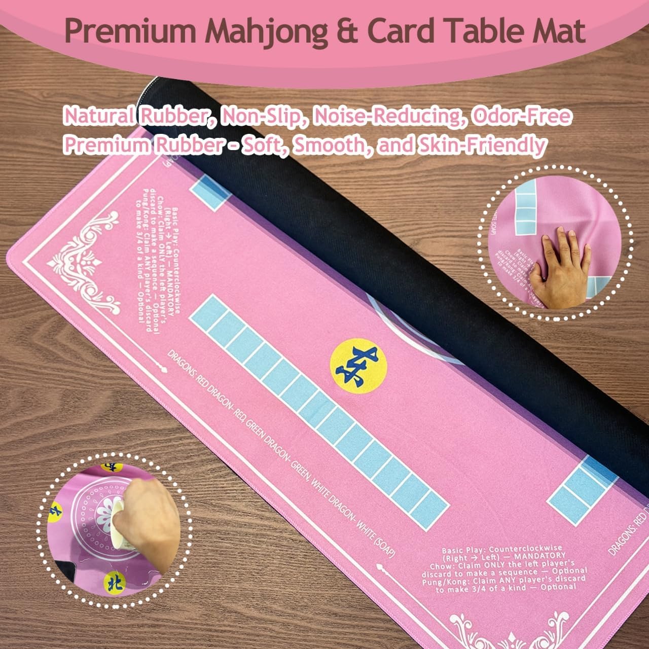 Mahjong Mat 33 x 33 Inches for Table, Foldable Non-Slip Mah Jong Mat with Dice, Chips & Instruction, Mahjong Mat for Beginners, Seniors & Family Play Game, Including a Storage Bag