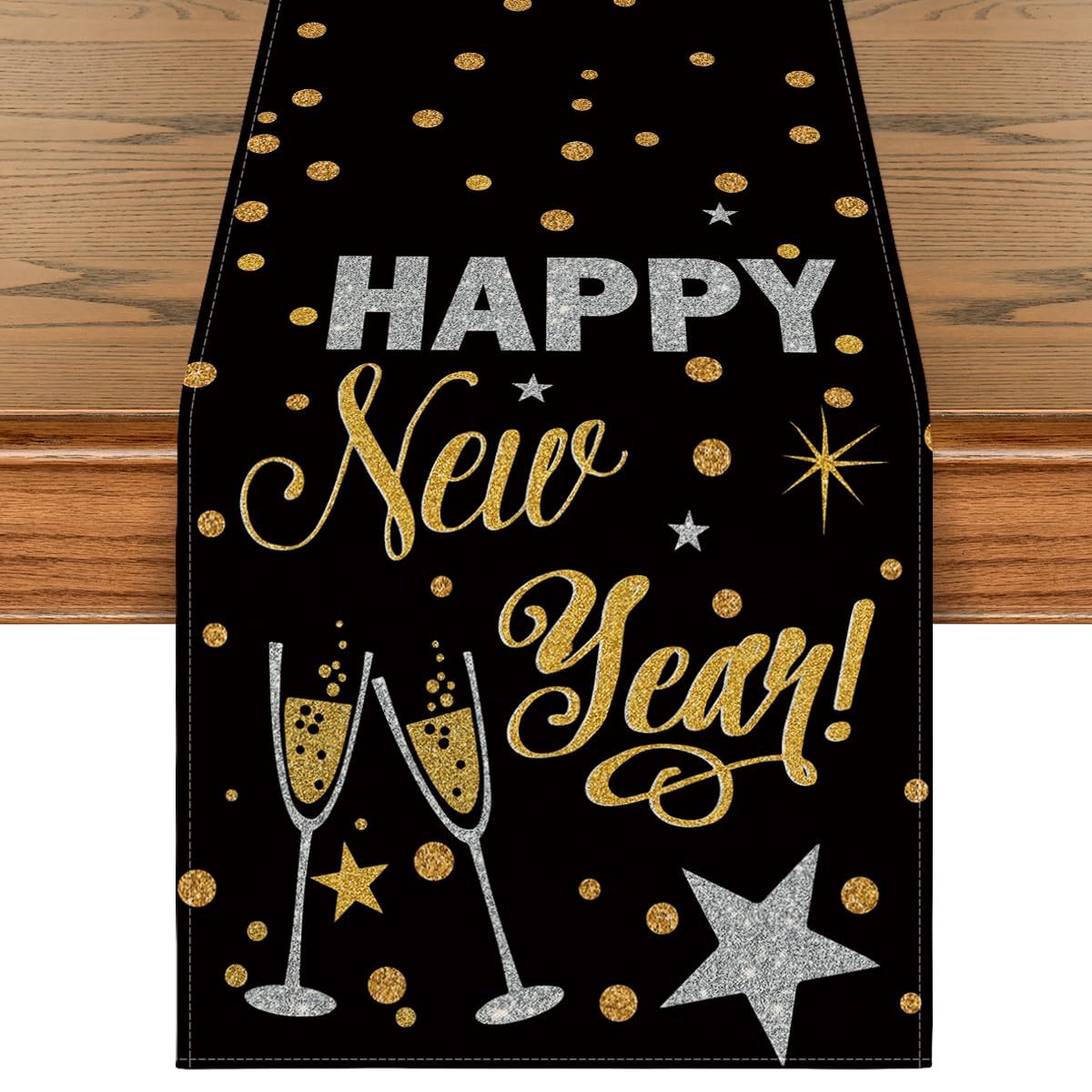 Artoid Mode Cheers Black and Gold 2025 Happy New Year Table Runner, Xmas Winter Holiday Kitchen Dining Table Decoration for Indoor Outdoor Home Party Decor 13 x 72 Inch