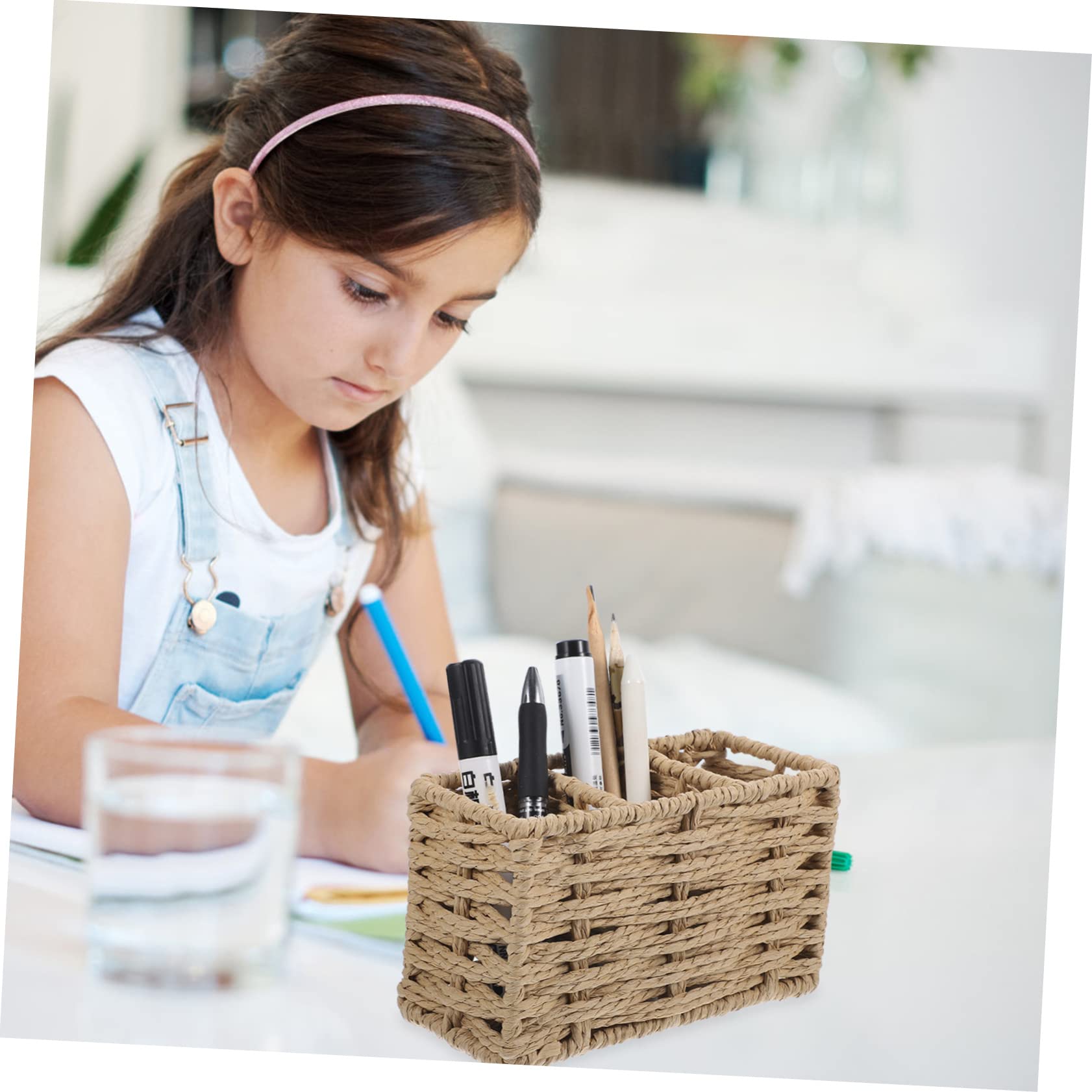 Cabilock Soporte para Cubiertos Multifunción de Papel Trenzado Beige, Organizador Compacto para Utensilios de Cocina, Porta Cubiertos Ligero para Mesas y Encimeras, Adecuado para Hogar