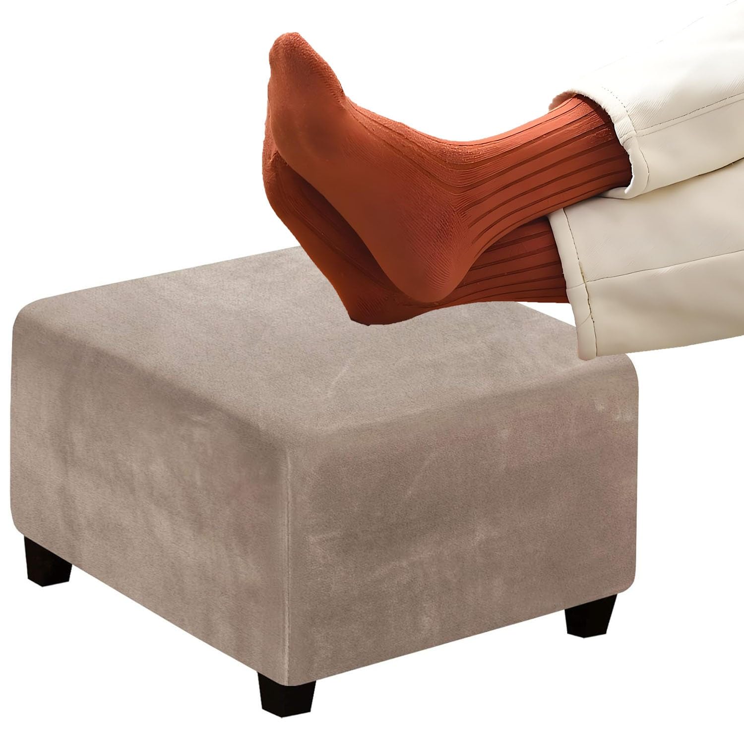 RTSFKFS Stool Covers 14/16/18/20/22/24/26/28/30/32/34/36/38/40/42/44in, Square Velvet Ottoman Covers with Stretch Thick Checked with Elastic Bottom, Removable Washable(Taupe,22in/55x55cm)