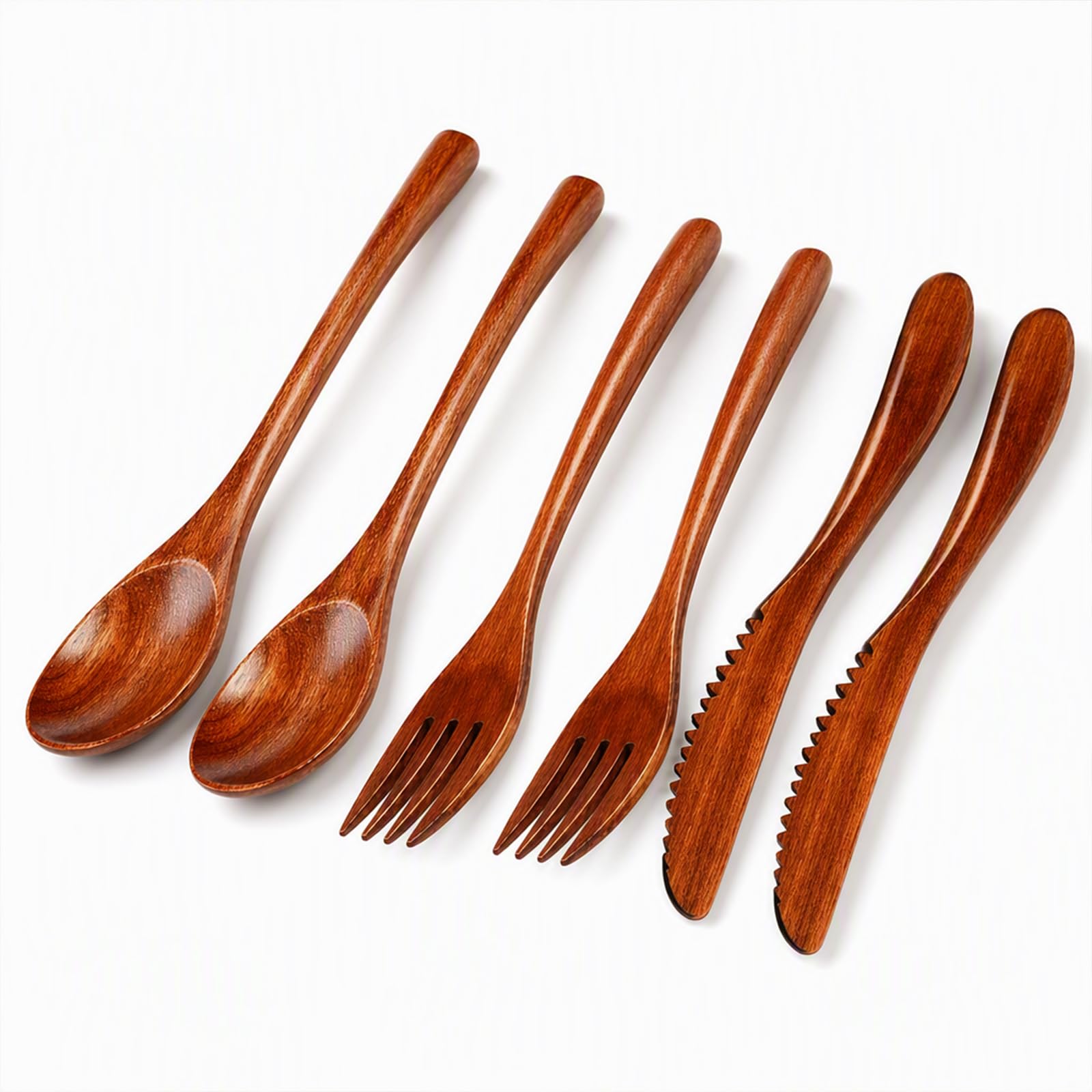 6Pcs Wooden Cutlery Set, Bamboo Cutlery, Natural Lacquer Finish