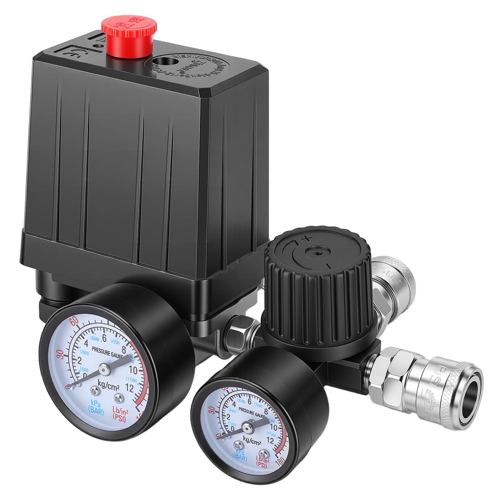 Presostato Compresor Aire,4 Agujeros 90-120PSI 220V 380V para Reemplazo | Aire Interruptor de Presión Válvula para Compresor de Aire con Manómetro Válvula de Seguridad Acoplamientos