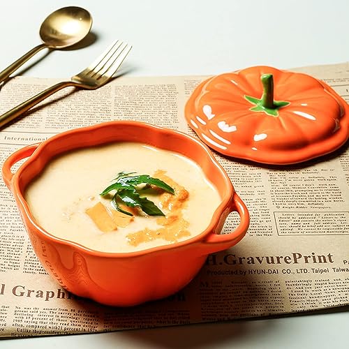 Miniatura 7 de NIKUJUGA Cuenco de cerámica con forma de calabaza de 13.5 fl oz13 oz con tapa, vajilla de Halloween para el día de Acción de Gracias, otoño,