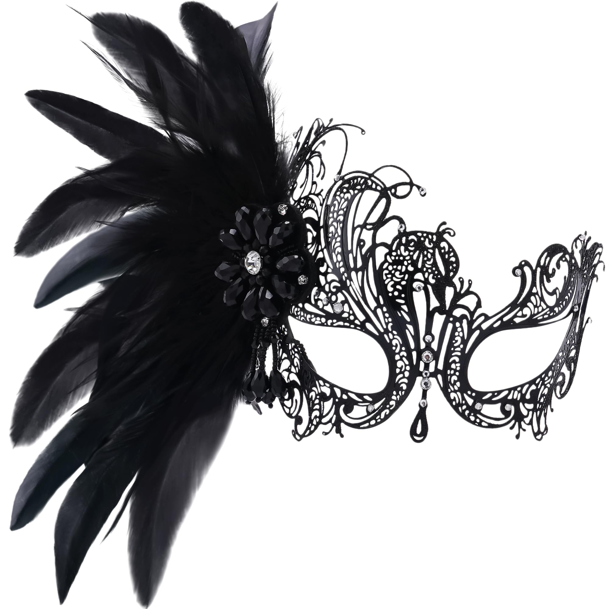 ETOFETE Feather Masquerade Mask for Women Prom Ball Party Black Venetian Mask with Removable Feather Hair Clip for Mardi Gras