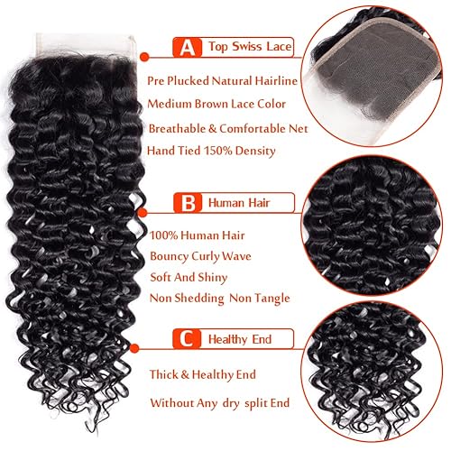 Miniatura 6 de Cabello humano rizado con cierre de encaje de 4 x 4, cabello humano prearrancado Jerry rizado ondulado 12A sin procesar brasileño virgen cierre