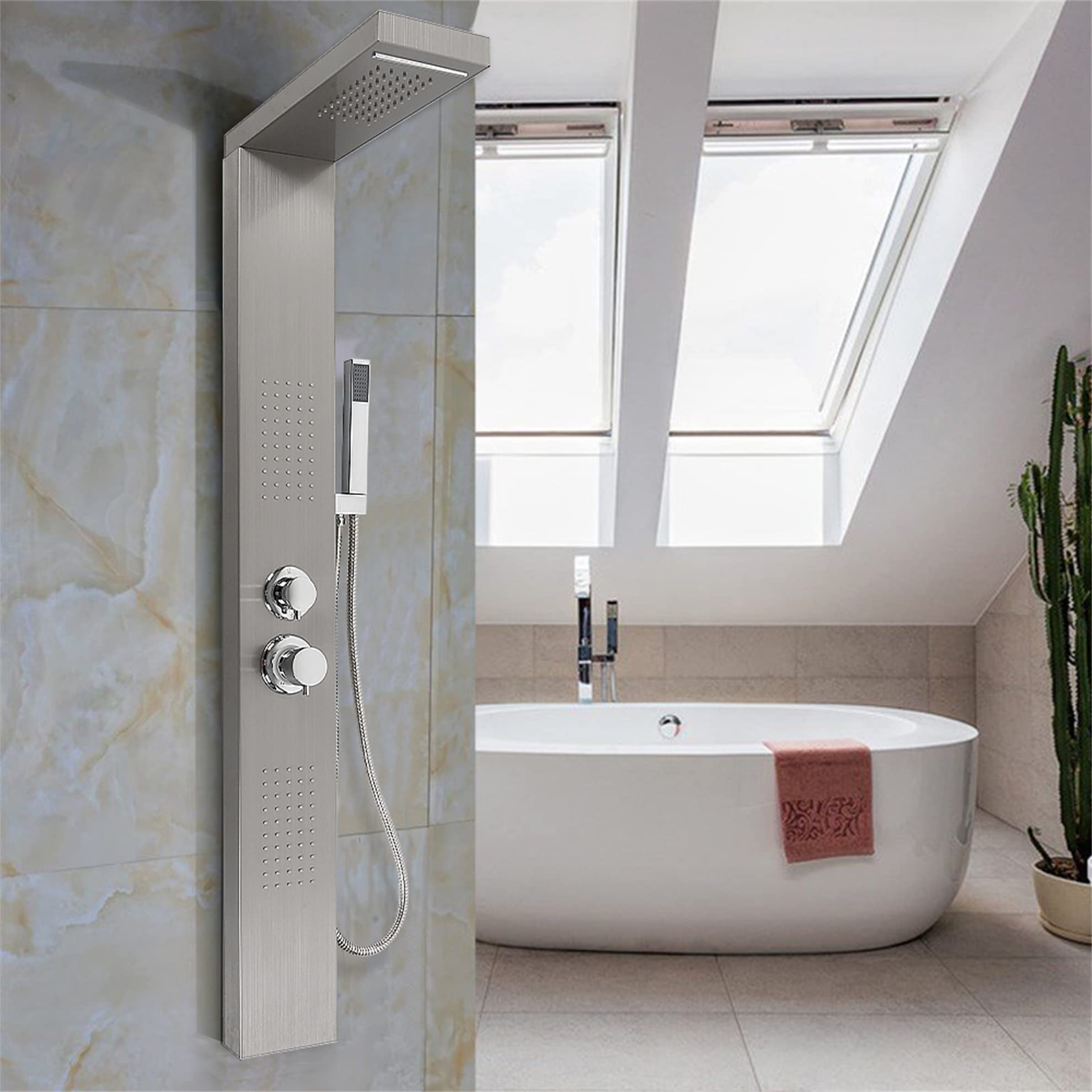 MINGYI Colonne de Douche Hydromassante, avec Douchette et Pommeau, 4 Modes de Douche, Connecteur DIN Standard 1/2'' (Argent, 15×130 cm)