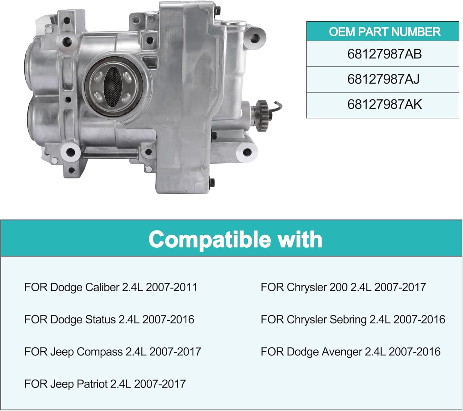 68127987AB 68127987AJ 68127987AK Oil Pump for Chrysler 200 2007-2017 Sebring 2007-2016, for Dodge Avenger Status 2007-2016 Caliber 2007-2011, for Jeep Compass Patriot 2007-2017 2.4L