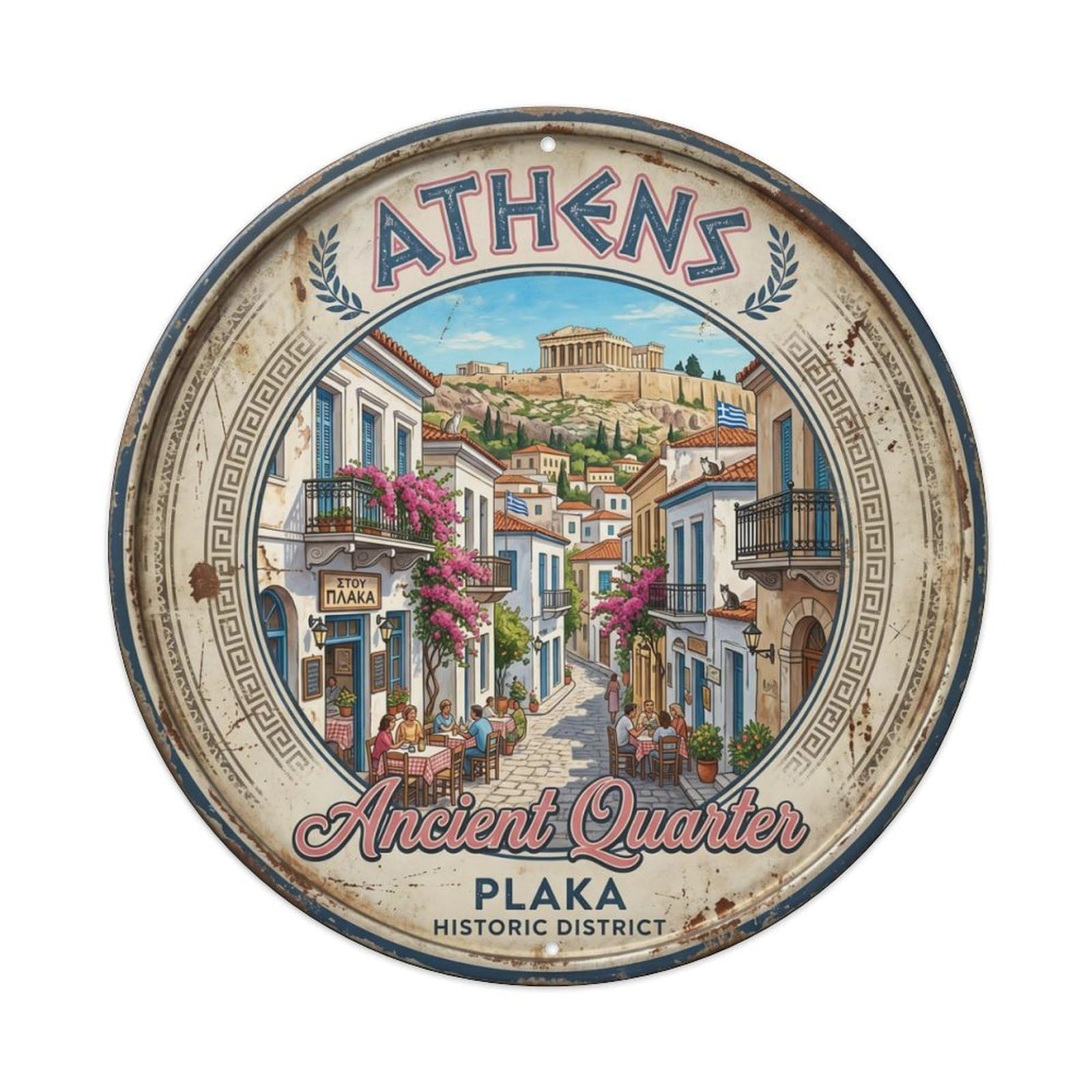 Vintage Travel Athens Plaka District Metal Tin Sign Plaque Wall Decor for Cafe, Club Bar, Office, Home Garden Round Metal Poster 8x8Inch