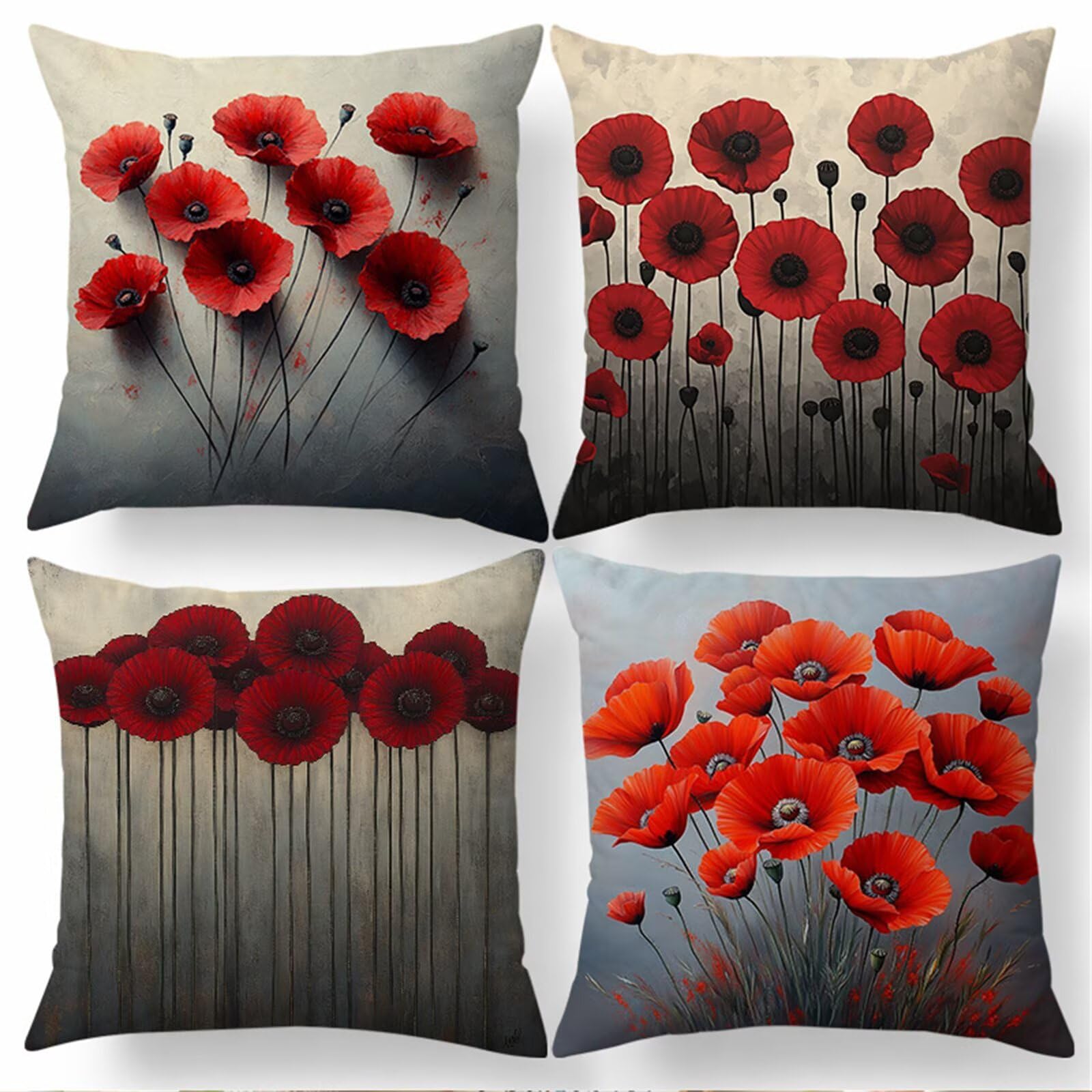 QiHon Cushion Covers 45x45 cm Set of 4 Red Poppies Linen Square Pillow Cases 18x18 inch Modern Decorative Throw Pillow Covers for Sofa Couch Bedroom Home Office with Invisible Zipper