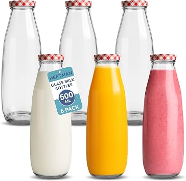 HEFTMAN Glass Milk Bottles with Lids 500ml, Set of 6 | Empty, Airtight Milk Bottle with Red Gingham Lids for Beverages, Liquids & D cor, Retro Glass Juice Bottles for BBQ, Picnic