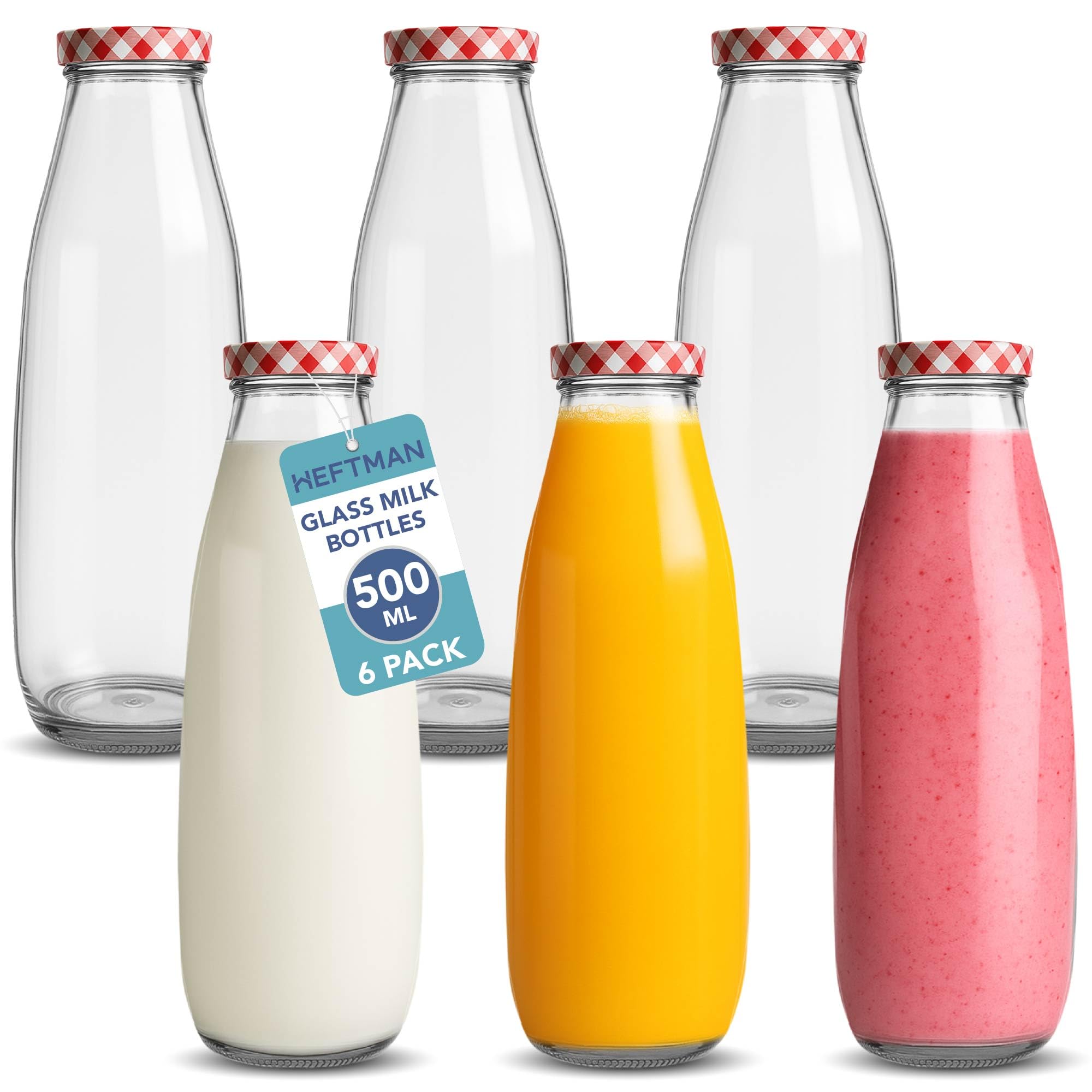 HEFTMAN Glass Milk Bottles with Lids - Empty 500ml Set of 6 Airtight Milk Bottle with Red Gingham Lids for Beverages, Liquids & Décor - Retro Glass Juice Bottles for Weddings, BBQ's & Picnics