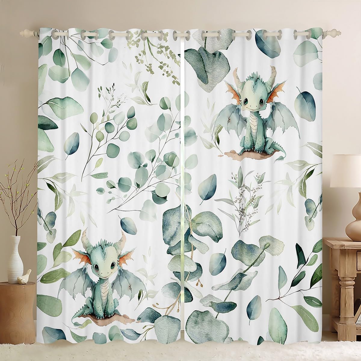Erosebridal Boys Magic Animal Blackout Curtains Cute Dragon Curtains, Cartoon Wildlife Curtains & Drapes Green Leaf Black Out Curtains, Spring Garden Plant Window Curtains Child Kids Bedroom Decor