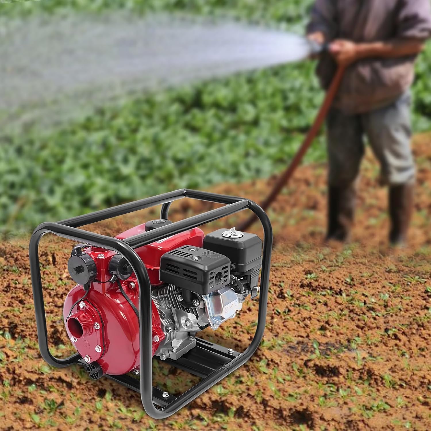 7.5HP 4 Stroke Gasoline Water Pump, 212cc Twin Impeller High Pressure Pump with Water Pipe, 328.1ft Max Head, 1659.79 ft³/h Max Flow, 2” Gas Water Transfer Pump for Agricultural Irrigation