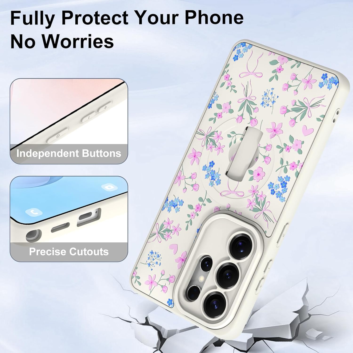 for Samsung Galaxy S26 Ultra Case, Finger Strap Kickstand[Compatible with MagSafe]Cute Pink Flower Heart Bowknot Print for Women Girls, Full Camera Protection Aesthetic Shockproof TPU,White
