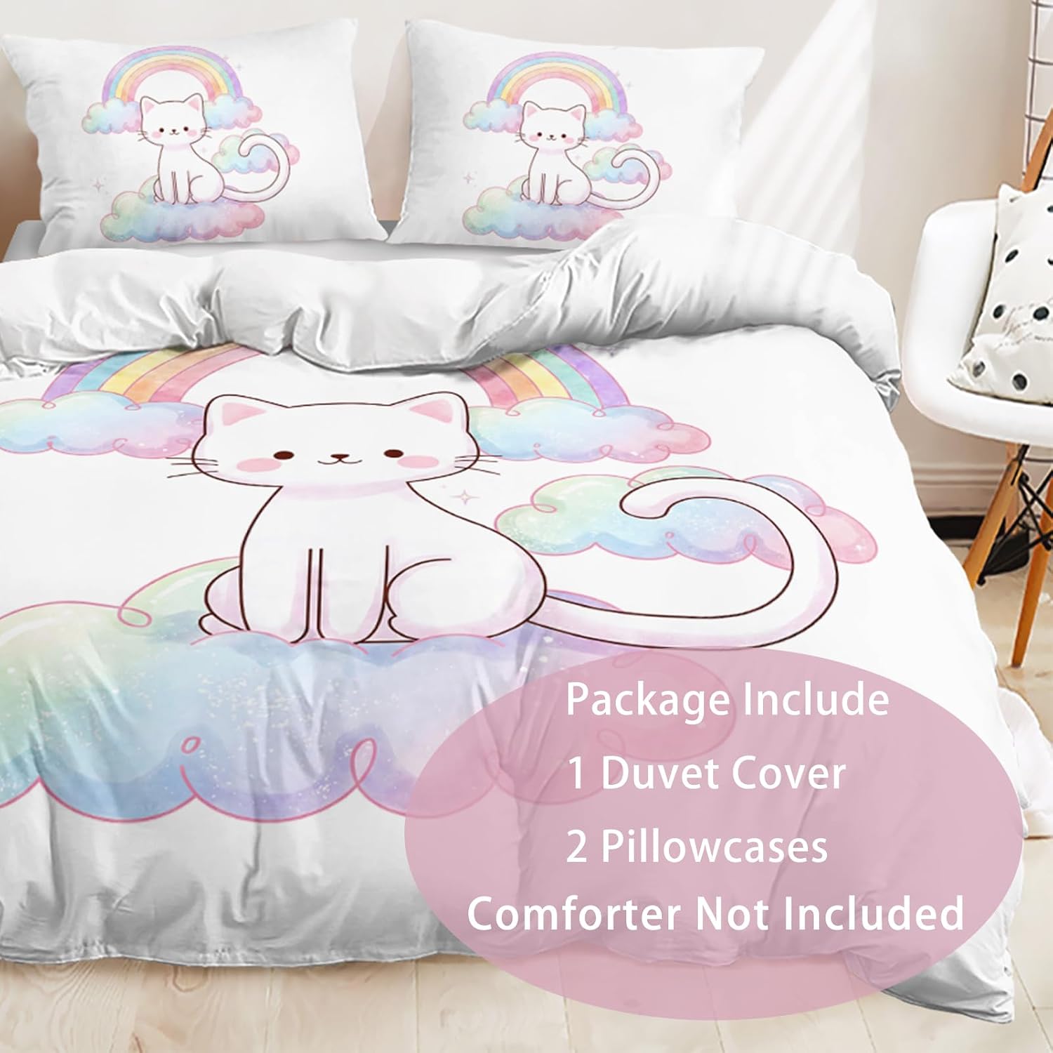 AILONEN Duvet Cover Set, Kawaii Rainbow Kitten Twin Bedding with 2 Pillowcases,3 Piece, Soft Rainbow Kitten Comforter Cover for Kids Room