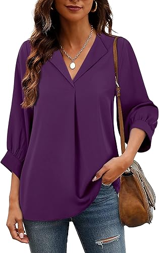 Miniatura 3 de Unixseque Blusas de trabajo sueltas de gasa con cuello en V y manga 34 para mujer