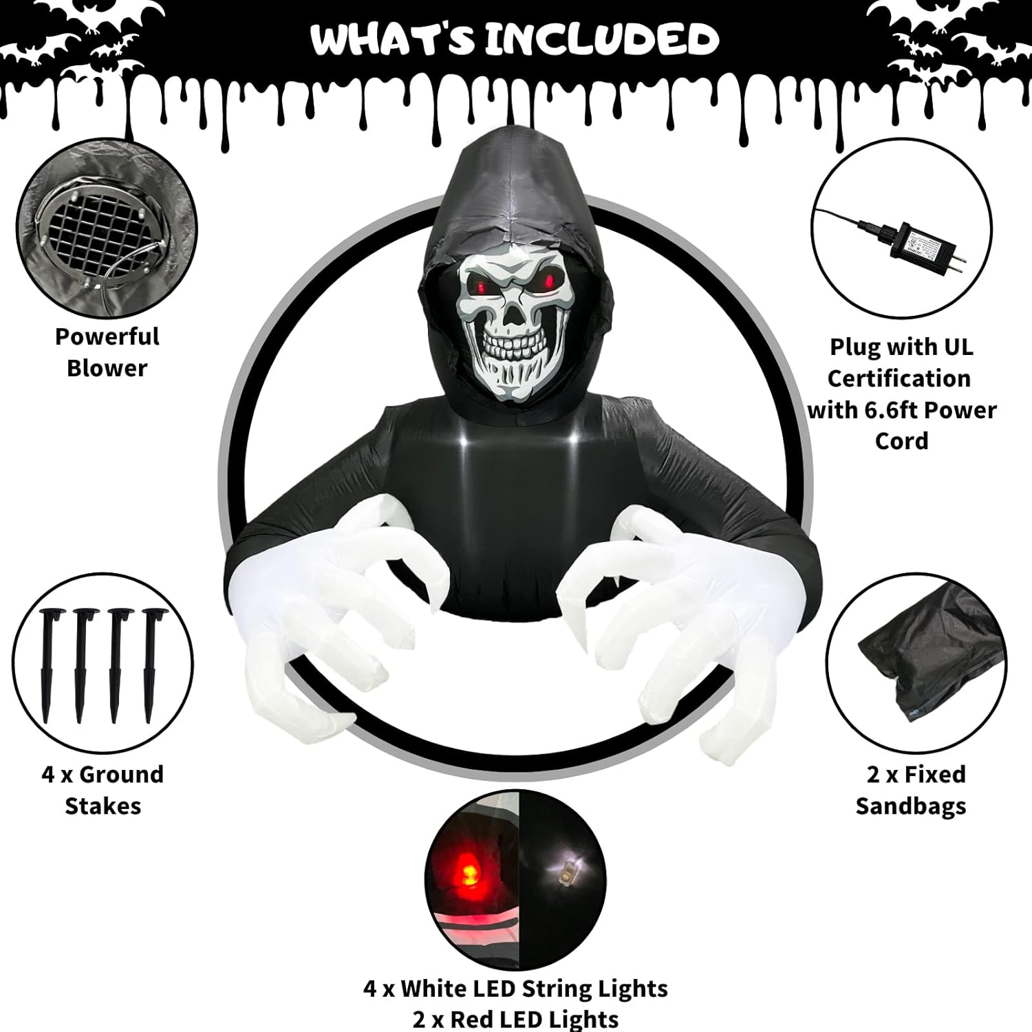 Buheco Inflatable Halloween Decorations Outside Grim Reaper 6FT Giant Scary Blow Up Skeleton Spooky Ghost Outdoor Yard Decor Inflatables Built in LED Lights for Indoor and Lawn Garden Party Holiday