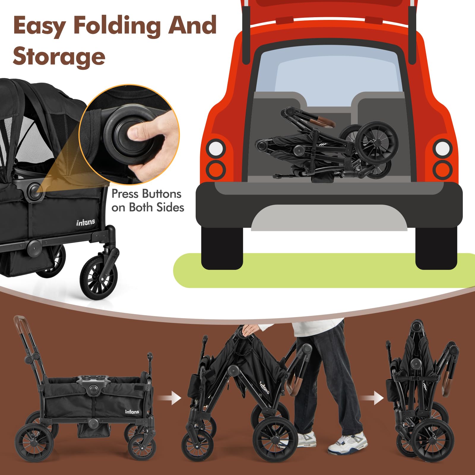 INFANS Wagon Stroller for 2 Kids, Collapsible Adjustable Push Pull Handle Bar - Image 6