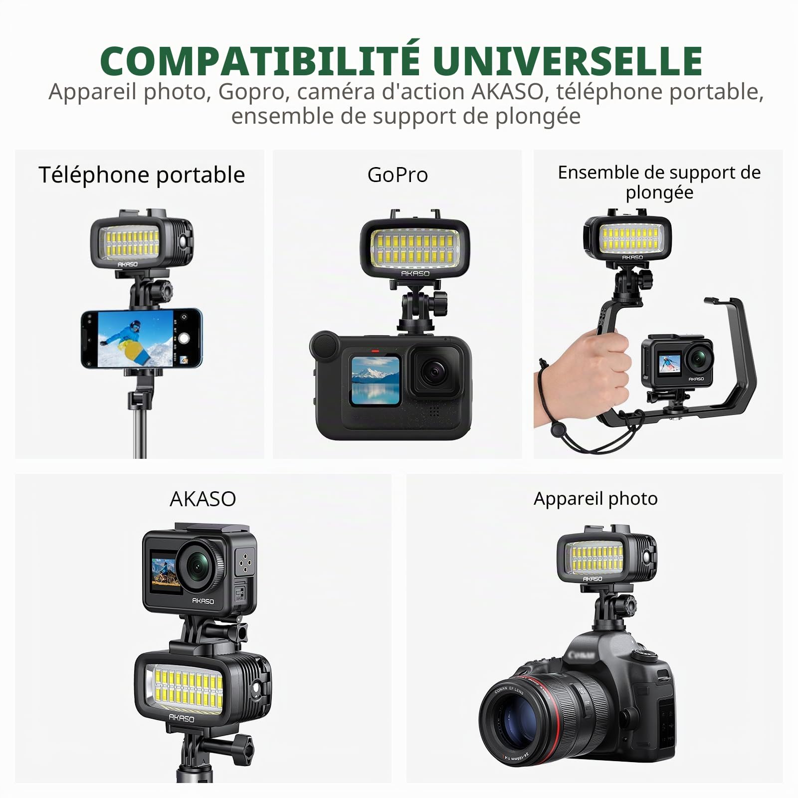 AKASO Lampe sous-Marine 40M Étanche, Lampe de Plongée LED Haute Puissance à Intensité Variable avec Support pour Griffe Froide et 4 Filtres Couleur pour Caméra Sport GoPro/AKASO et Reflex Canon/Nikon