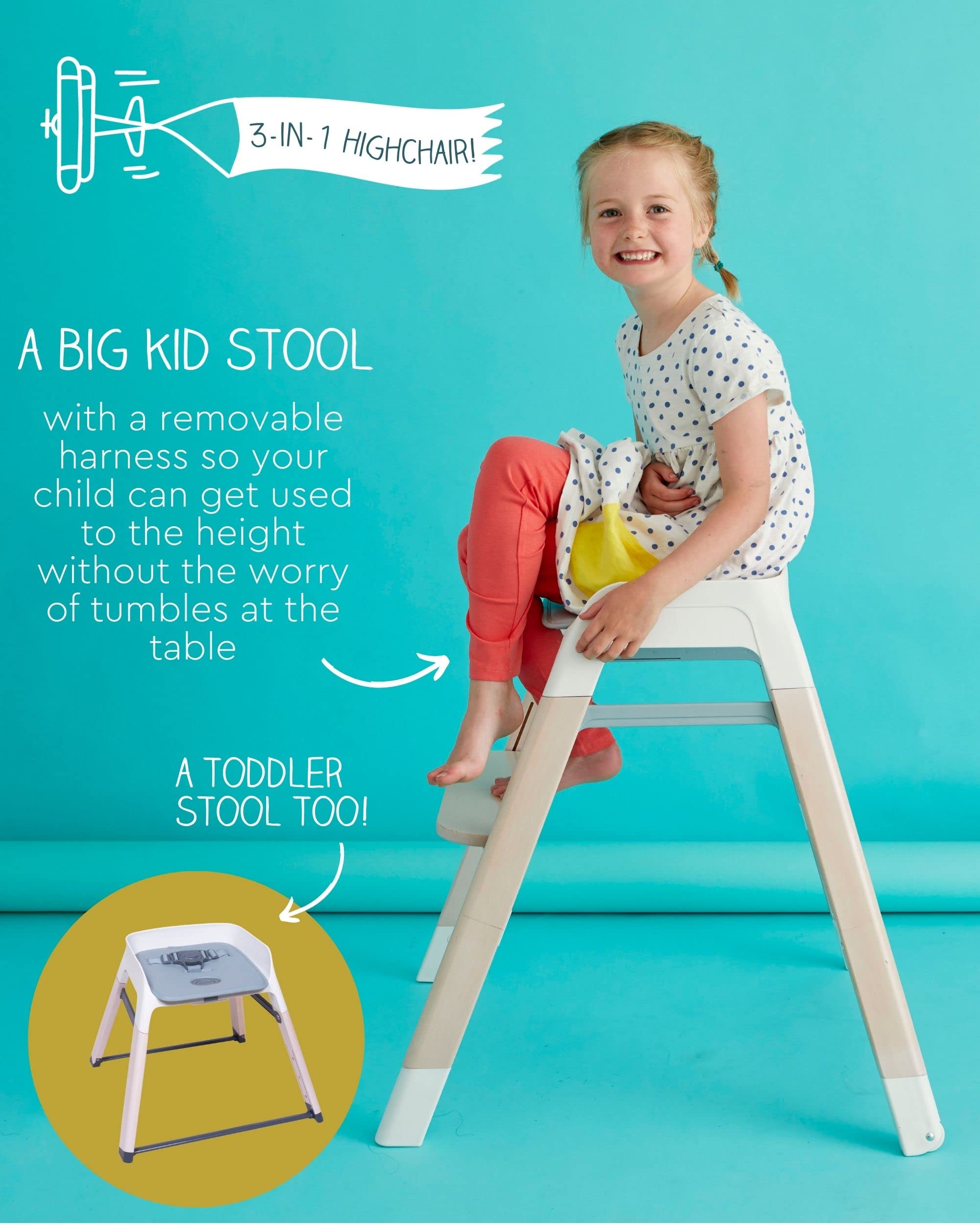 Koo-Di Tiny Taster - Trona 3 en 1, silla para niños pequeños y taburete para niños grandes, agua de manantial, silla alta para bebé con bandeja extraíble, reposapiés ajustable, asiento acolchado y