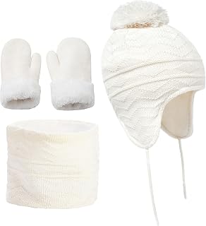 Kids Beanie Hat Scarf Gloves Set 3Pcs Winter Pom Pom Beanie Hats Toddler Neck Warmer Fleece Lined Mittens for Girls Boys