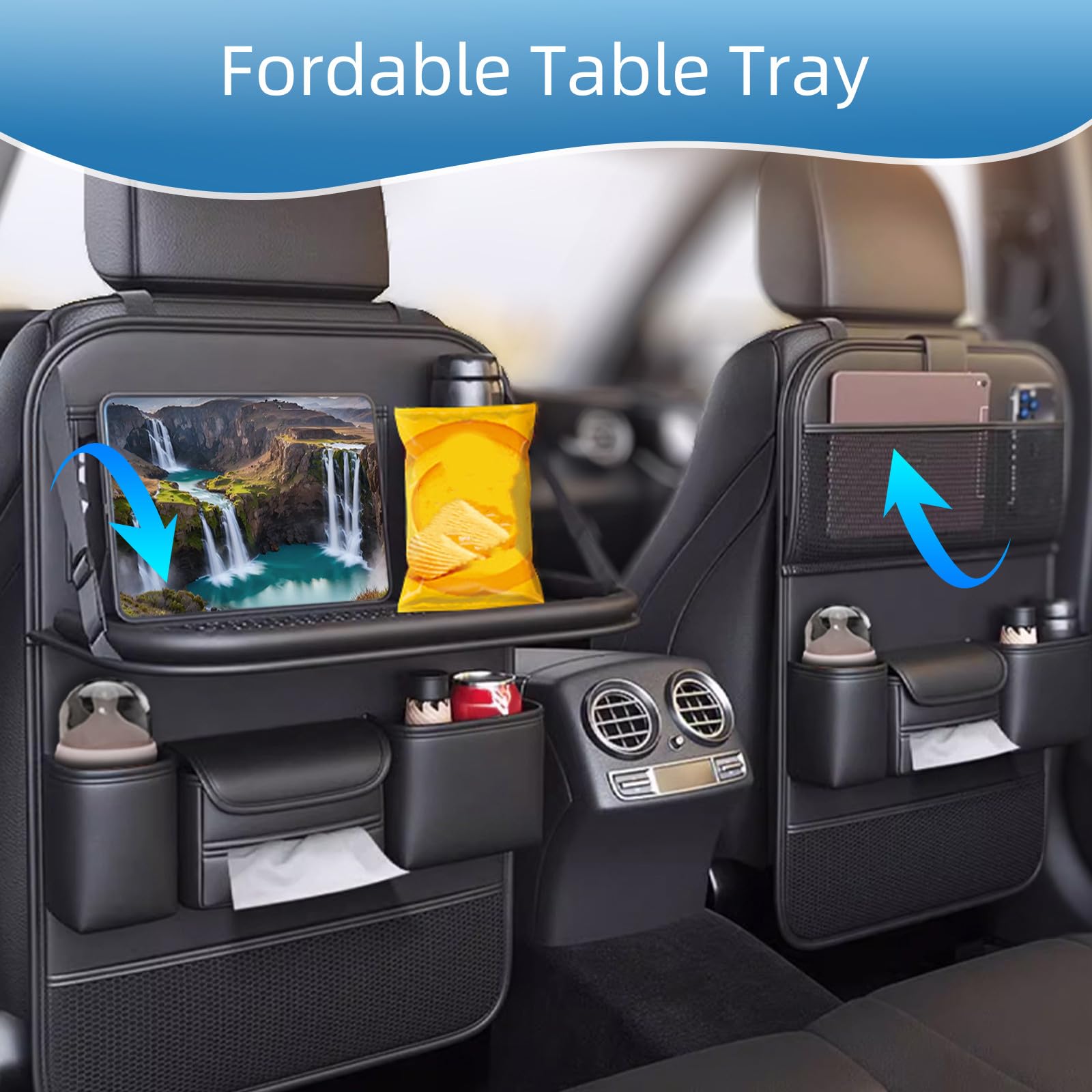 Primst Paquete de 2 organizadores de cuero para asiento trasero de coche con bandeja de mesa plegable, protectores de respaldo de asiento de coche, organizador plegable para asiento de coche con