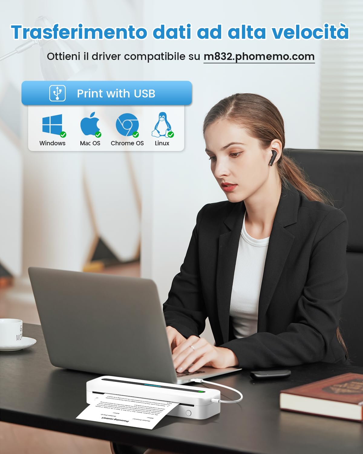 COLORWING M832 Stampante Termica Portatile A4 Bluetooth Senza Inchiostro