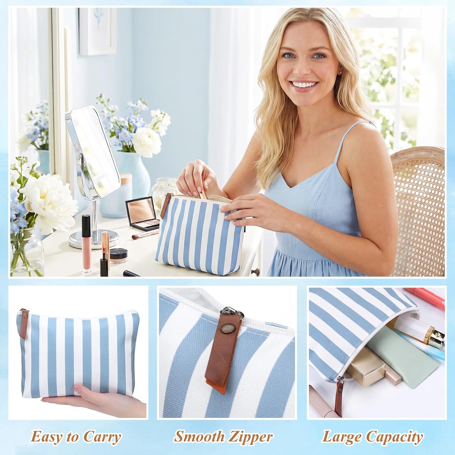 Hillban 24 Pcs Blue Striped Makeup Bags Bulk Canvas Cosmetic Bag Beach Themed Gifts Travel Toiletry Organizer Zipper Pouch Bags for Women Bridemaids Party Favors