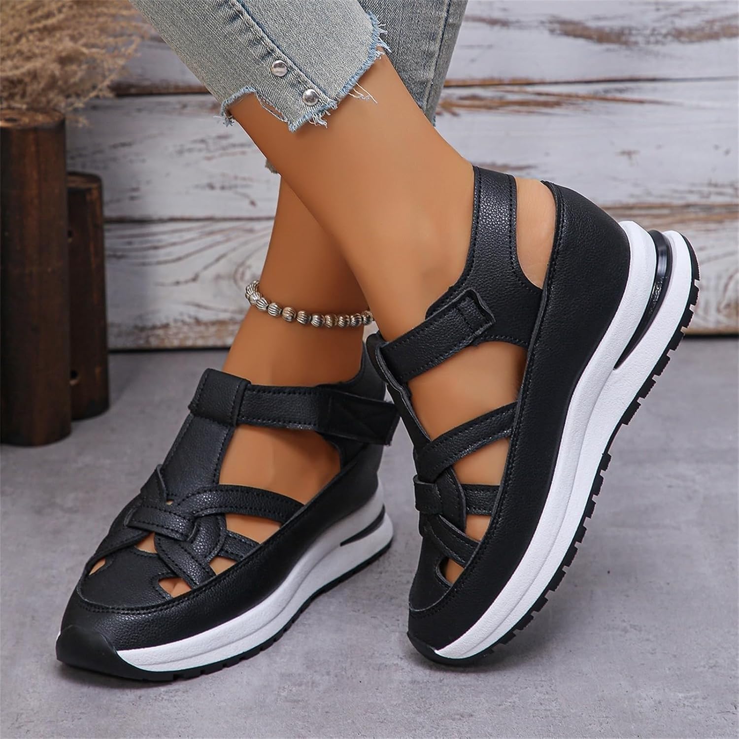 Sandalias de cuña de plataforma transpirables para mujer, sandalias de puntera cerrada, sandalias de verano para pescador, zapatos de cuña
