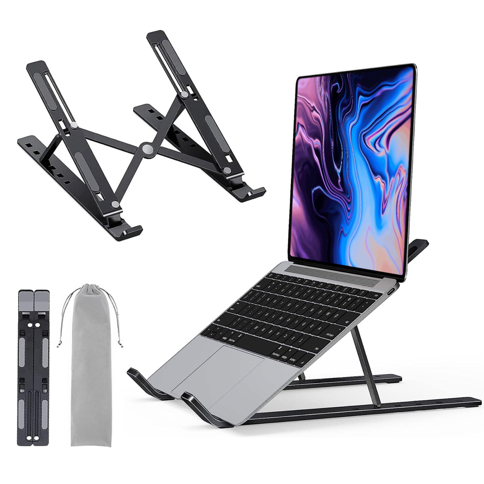 LAC FUTURE Laptop Stand for Desk Black Aluminium, Adjustable Laptop Stand (7 Levels), Foldable & Portable, Holder Ventilated