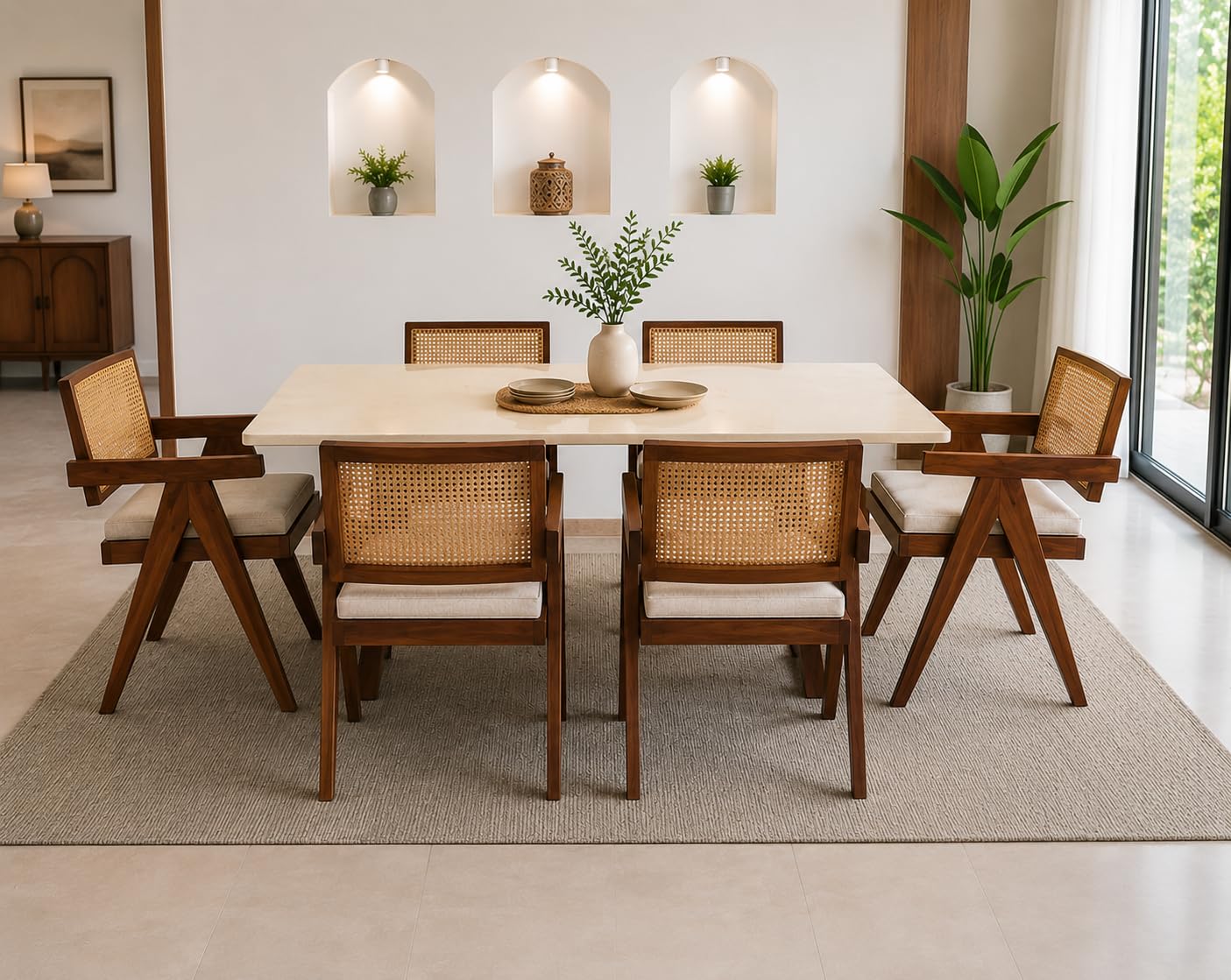 6 Seater Dining Table Set, Sheesham Wood, Epoxy Marble Top, Premium Cane Back, Foldable Chairs with Velvet Cushions-image-30