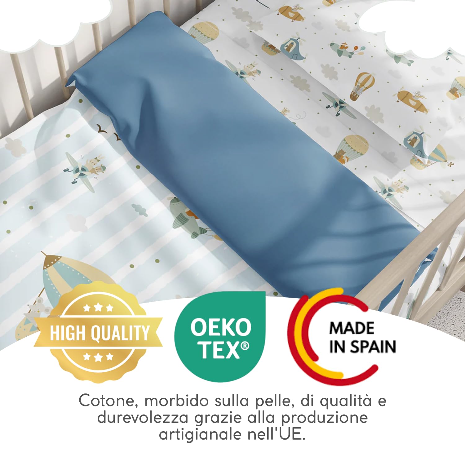 Copripiumino reversibile 100% cotone biologico per culla 60x120 cm, previene le allergie, coperta decorativa per la camera da letto, ultra morbido, collezione Premium, Industry Spagna (Palloncini)