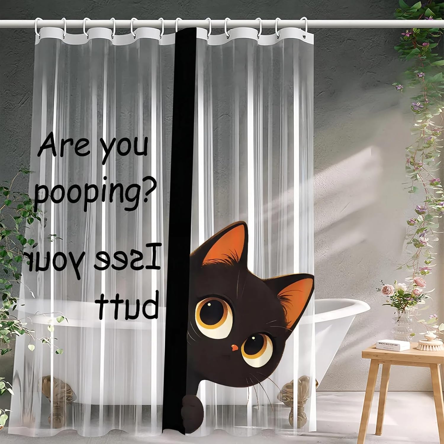Clear Cute Funny Black Cat Shower Curtain Liner, Are You Pooping Shower Curtain, Fun Anime Cat Shower Curtains for Bathroom, 72x78 Plastic Cool Summer Shower Curtain Set with Weighted Magnets 12 Hooks