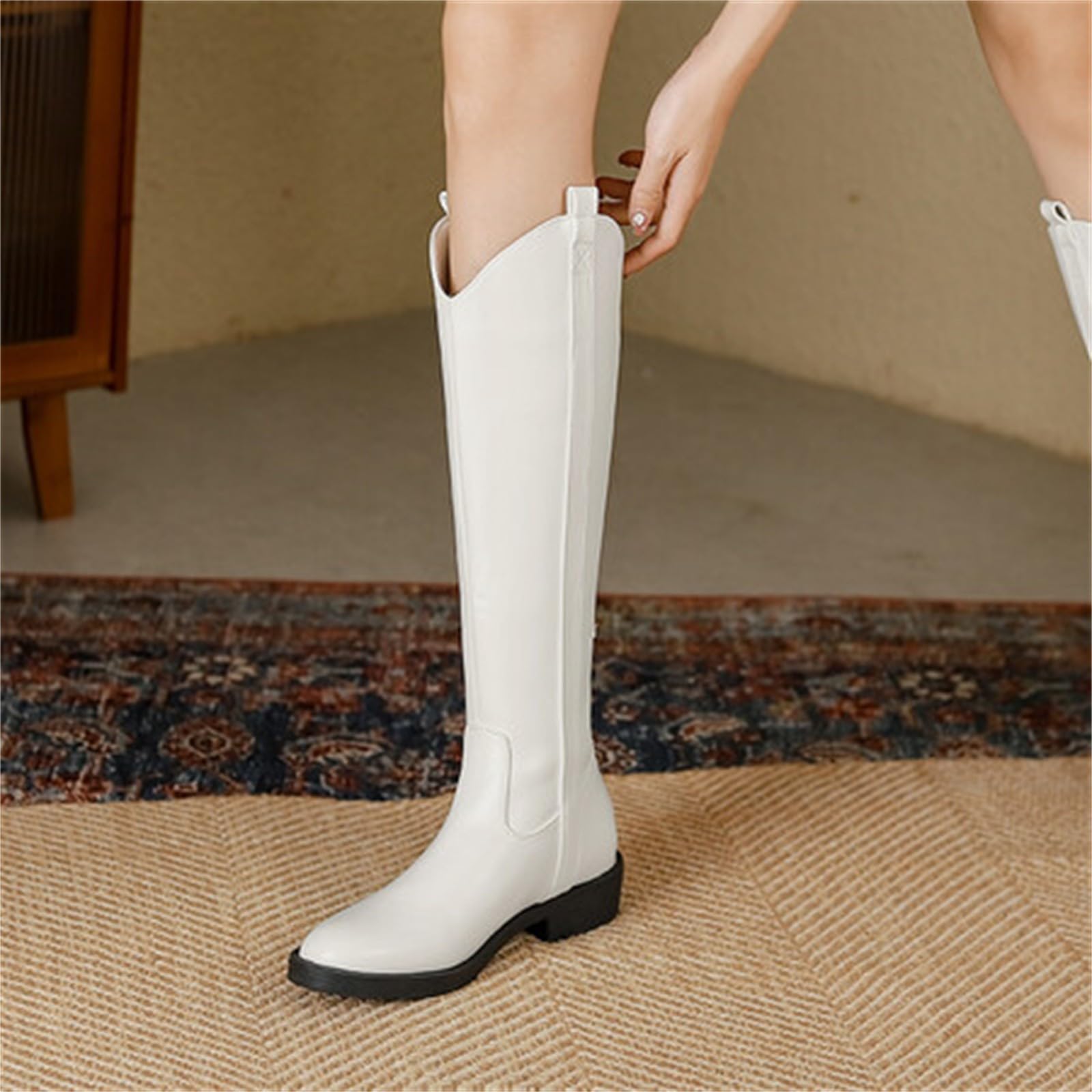 Botas de mujer negras – Botas de equitación de piel sintética, botas occidentales, botas de vaquero, botas de invierno, botas de cuero, botas de trabajo, botas altas, botas planas, tallas 34-39