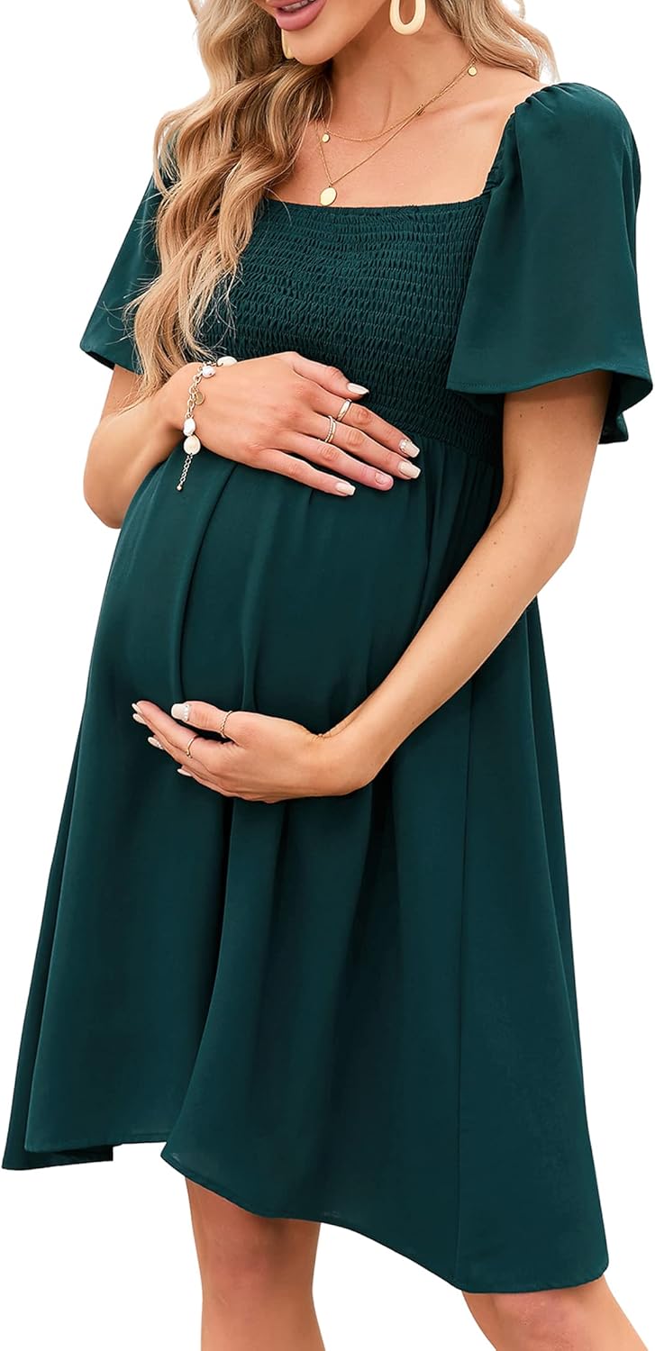 KOJOOIN Maternity Dress Summer Women Tie Back Square Neck Puff Sleeve Off Shoulder Pregnancy Baby Shower Dress