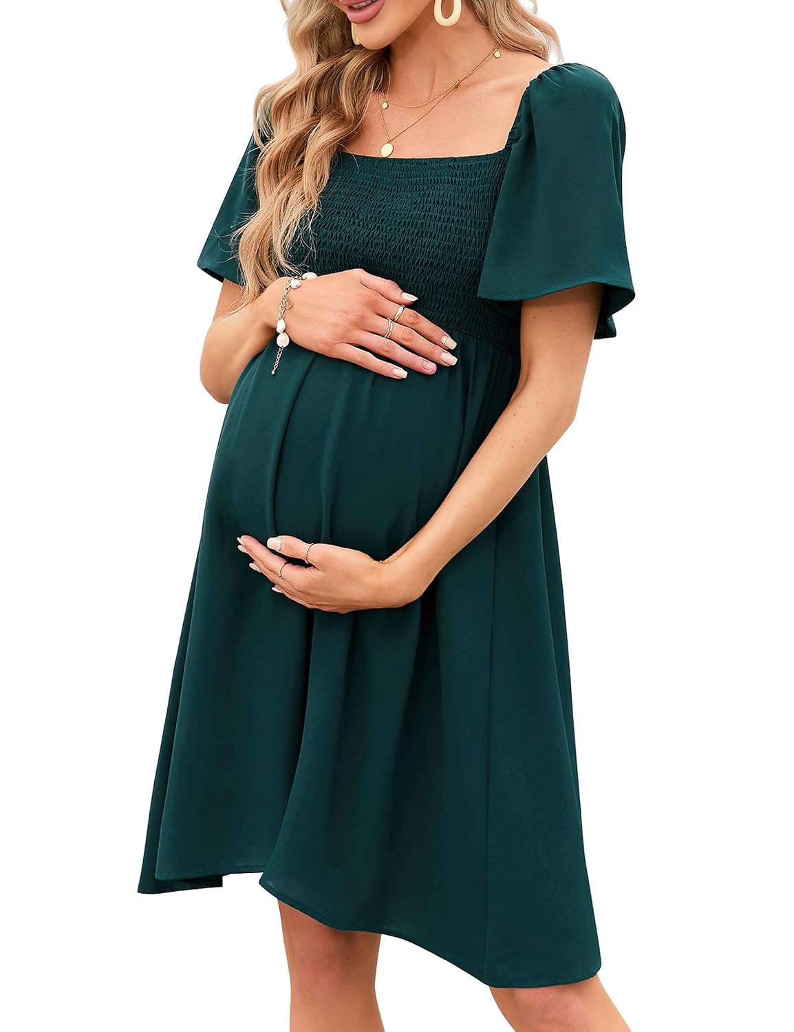 KOJOOIN Maternity Dress Summer Women Tie Back Square Neck Puff Sleeve Off Shoulder Pregnancy Baby Shower Dress
