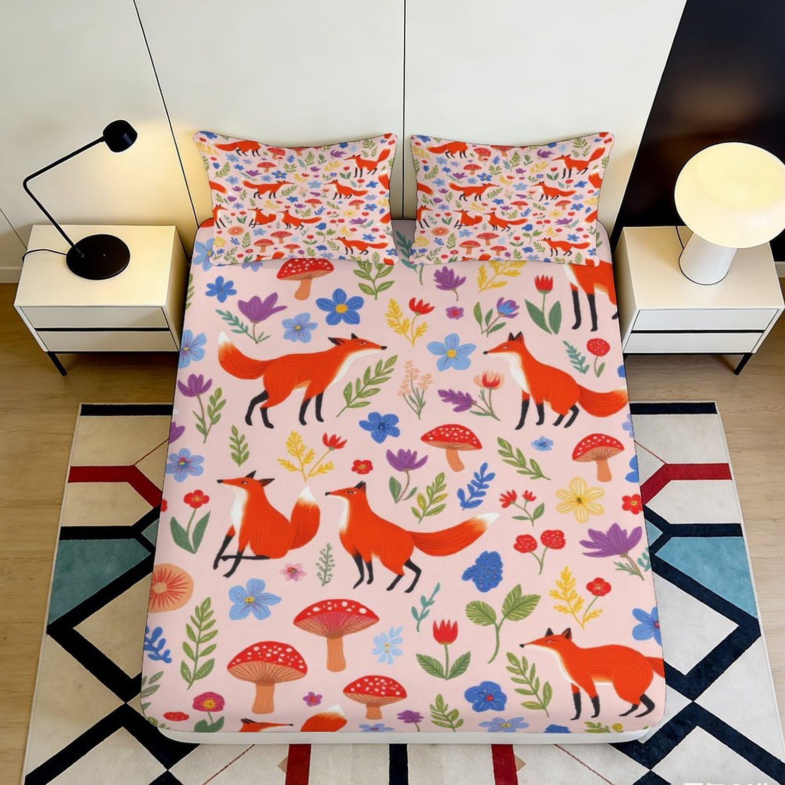 Jqzkxnhpbr Style-7 3D Printed Fox Floral Fitted Sheet Microfiber Soft Non-Slip Bed Sheet For Bedroom Dorm Mattress Decor 90X200x25cm