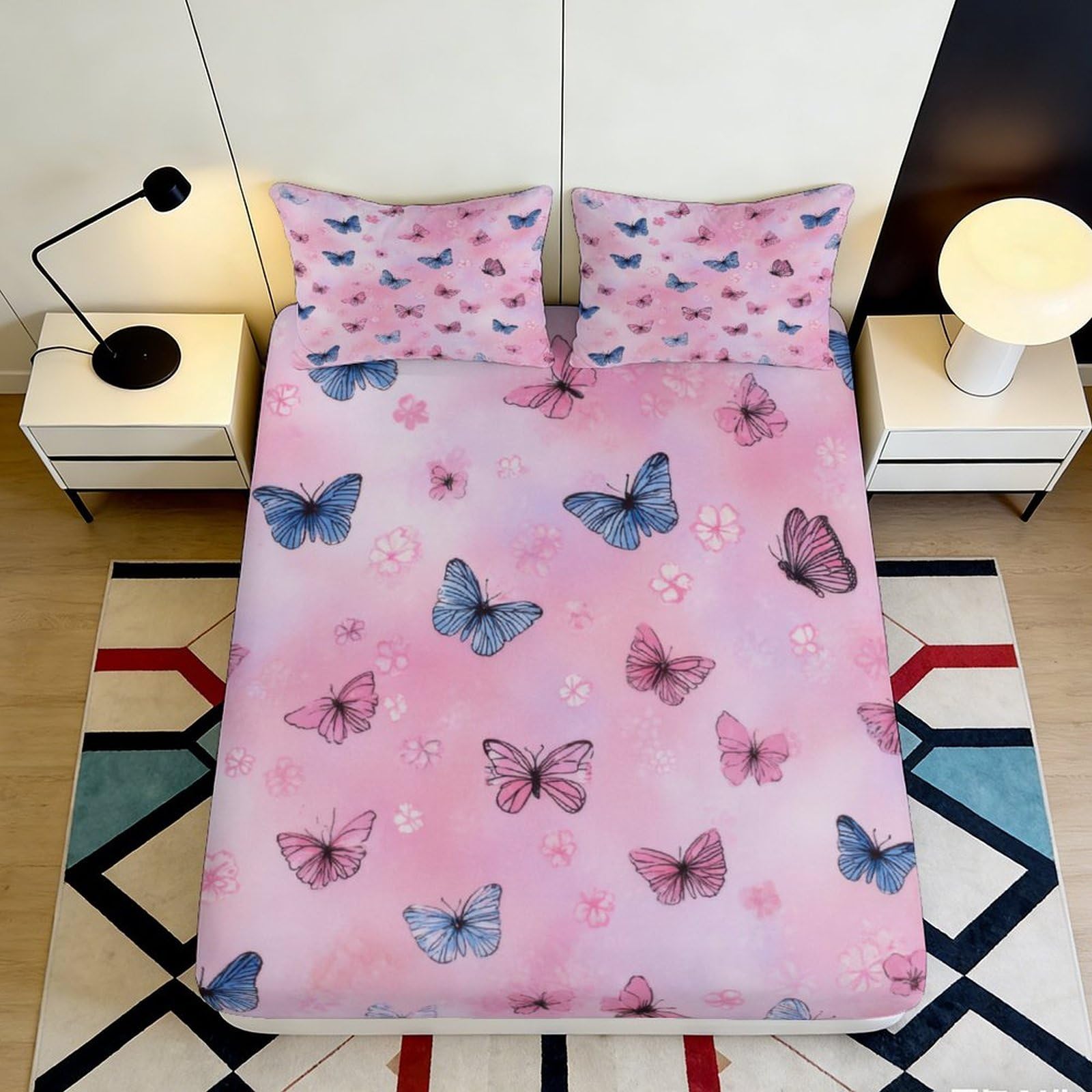 3D Printed Pink Butterfly Fitted Sheet Microfiber Soft Bed Cover for Bedroom Guest Room Dorm Mattress Protection 90x200x25cm